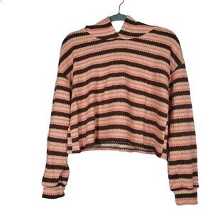 NWOT Lush Women Sz Medium Knit Hoodie Stripe Stretch Crop Sweater Brown/Coral